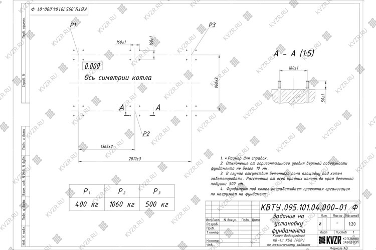 Котел 1100 кВт уголь дрова с водяными колосниками чертеж фундамента